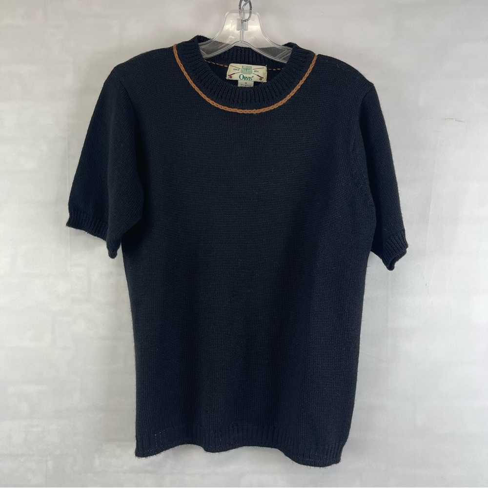 Orvis Women’s Short Sleeve Sweater Navy w/ Tan‎ Trim Wool Sz M Hong Kong Vintage
